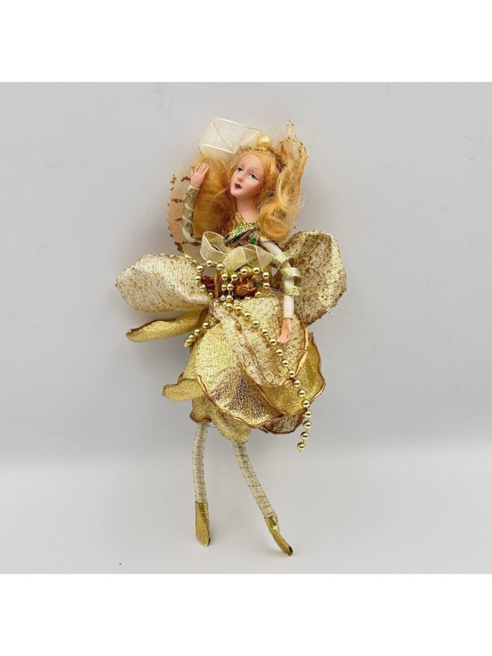 Vintage Porcelain Fairy Lady Gold Green Christmas Ornament Pearls Beads 8 in